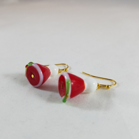 Hand Crafted Earrings Santa Hat Red White Green Pierced Dangle - Picture 3 of 5
